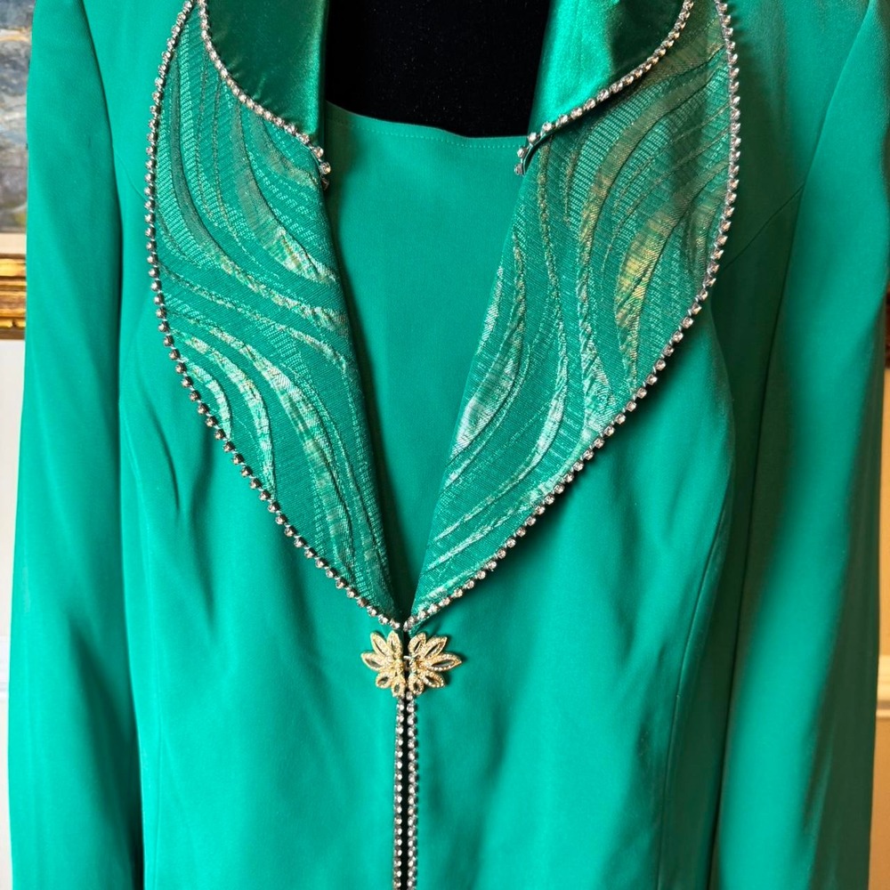 Vintage Emerald Green Skirt Suit Rhinestone Trim Gold Brooch Plus Size 18W - Picture 2 of 8
